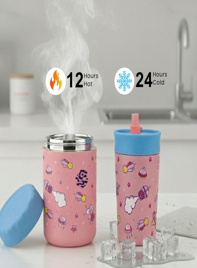 ONE AND ONLY علبة طعام واحدة فقط معزولة بتفريغ الهواء وكوب للأطفال والفتيات - علبة غداء من الفولاذ المقاوم للصدأ مانعة للتسرب، خالية من مادة BPA، عبوة من قطعتين سعة 480 مل (وردي) - Image 2